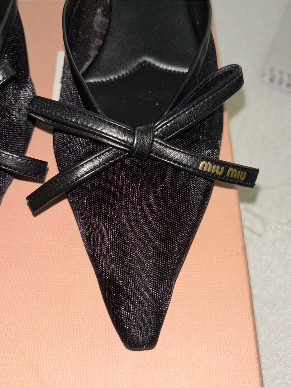Authentic Miu Miu Black Leather Bow Mesh Fabric 55mm Kitten Heel Mule 8.5US 38EU - Picture 9 of 12